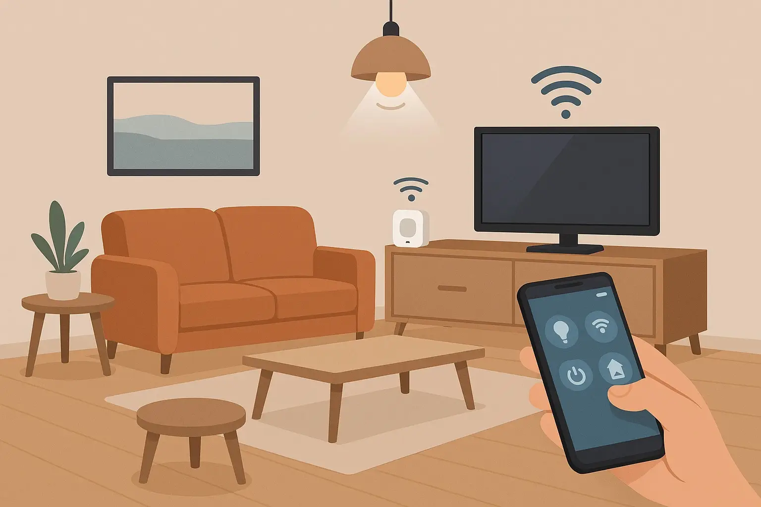 Akıllı ev sistemlerini simgeleyen iç mekan çizimi