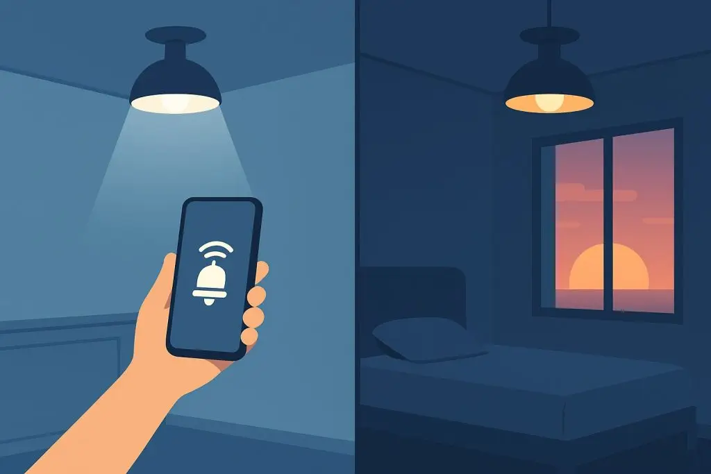Akıllı ev sistemleri ile otomasyonun farkını gösteren iki odalı görsel. Solda kullanıcı telefonla lambayı kontrol ediyor, sağda gün batımına göre otomatik çalışan lamba yer alıyor.
